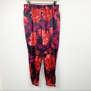Boston Proper Rose Print Silk Satin Elastic Waist Joggers Size M